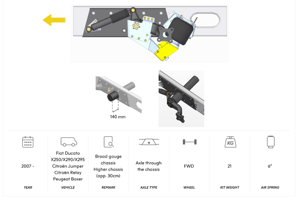 AL-KO 07 Air Suspension Broad Gauge Chassis 60mm-80mm Extra Height, Axle Through The Chassis 2007 onwards