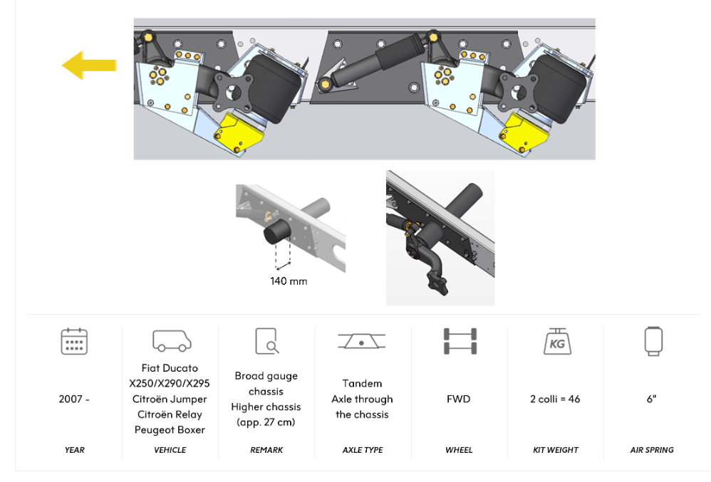 AL-KO 07 TANDEM Air Suspension Broad Gauge Chassis 40mm-60mm Extra Height, Axle Through The Chassis 2007 onwards